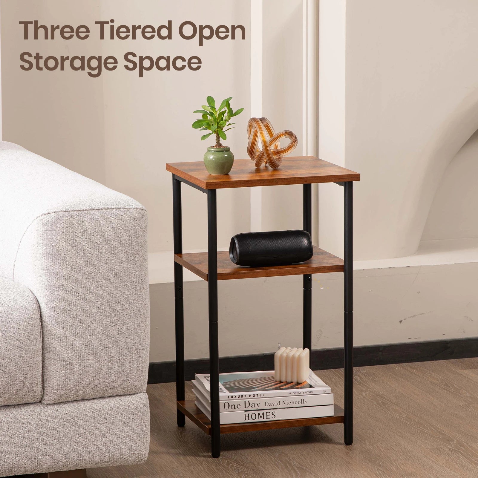3-Tier Narrow End Table with Storage & Adjustable Feet