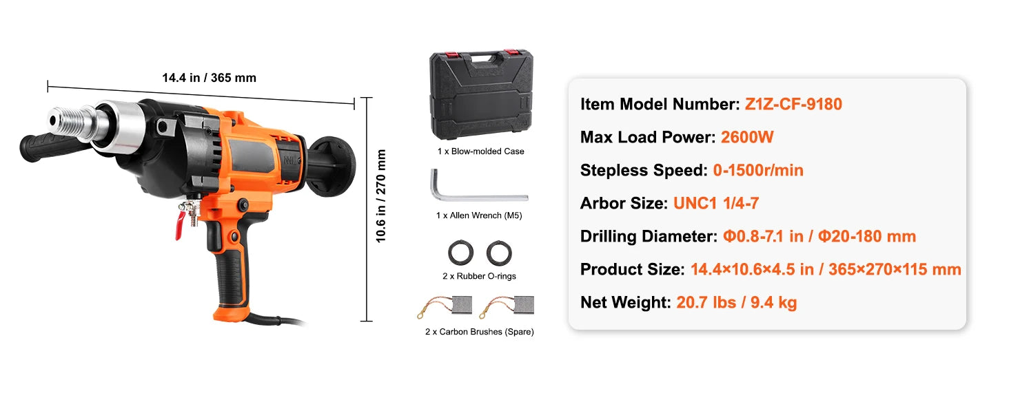 Handheld Core Drill Machine 2000W/2600W Wet & Dry Concrete Drill