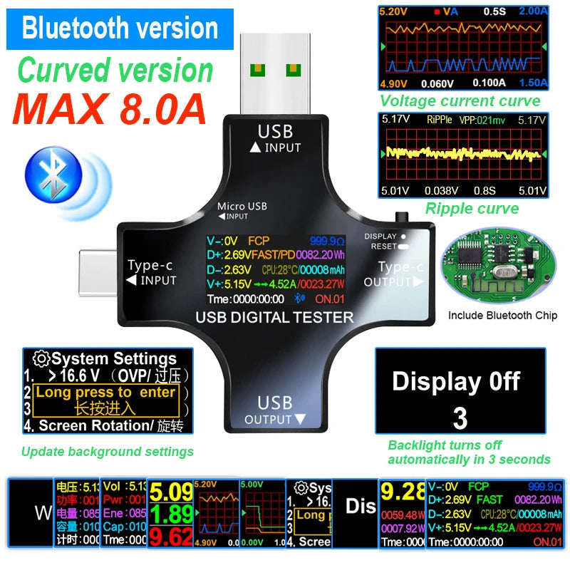‌USB Tester Type-C PD Digital Capacity Meter 8A Voltage Current Monitor Power Bank Charger Detector with QC3.0 Fast Charging 