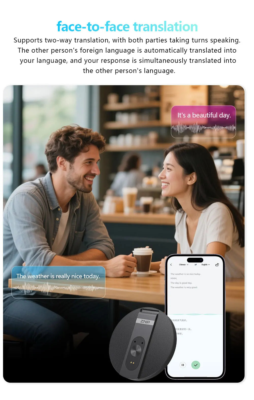 ZNP Ultra-thin AI Voice Translator Instant Professional Portable Wireless Magnetic Foldable Phone Stand 50Hrs Playback ForOffice