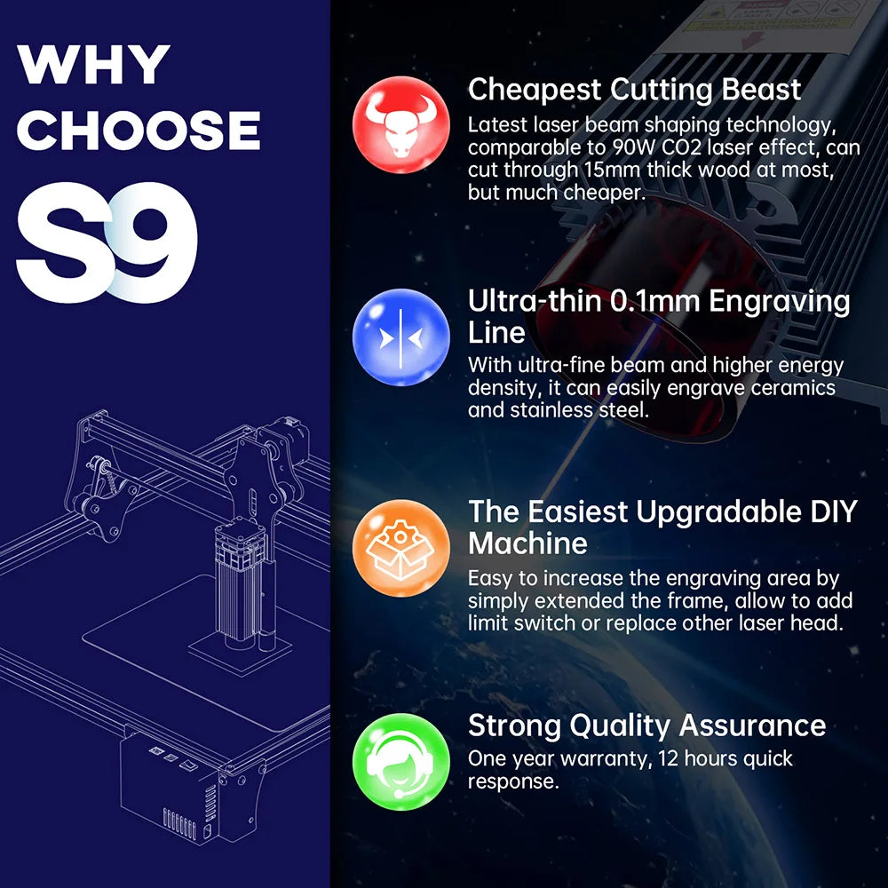 Incisore laser SCULPFUN S9 con punto ultra-fine da 0,06 mm