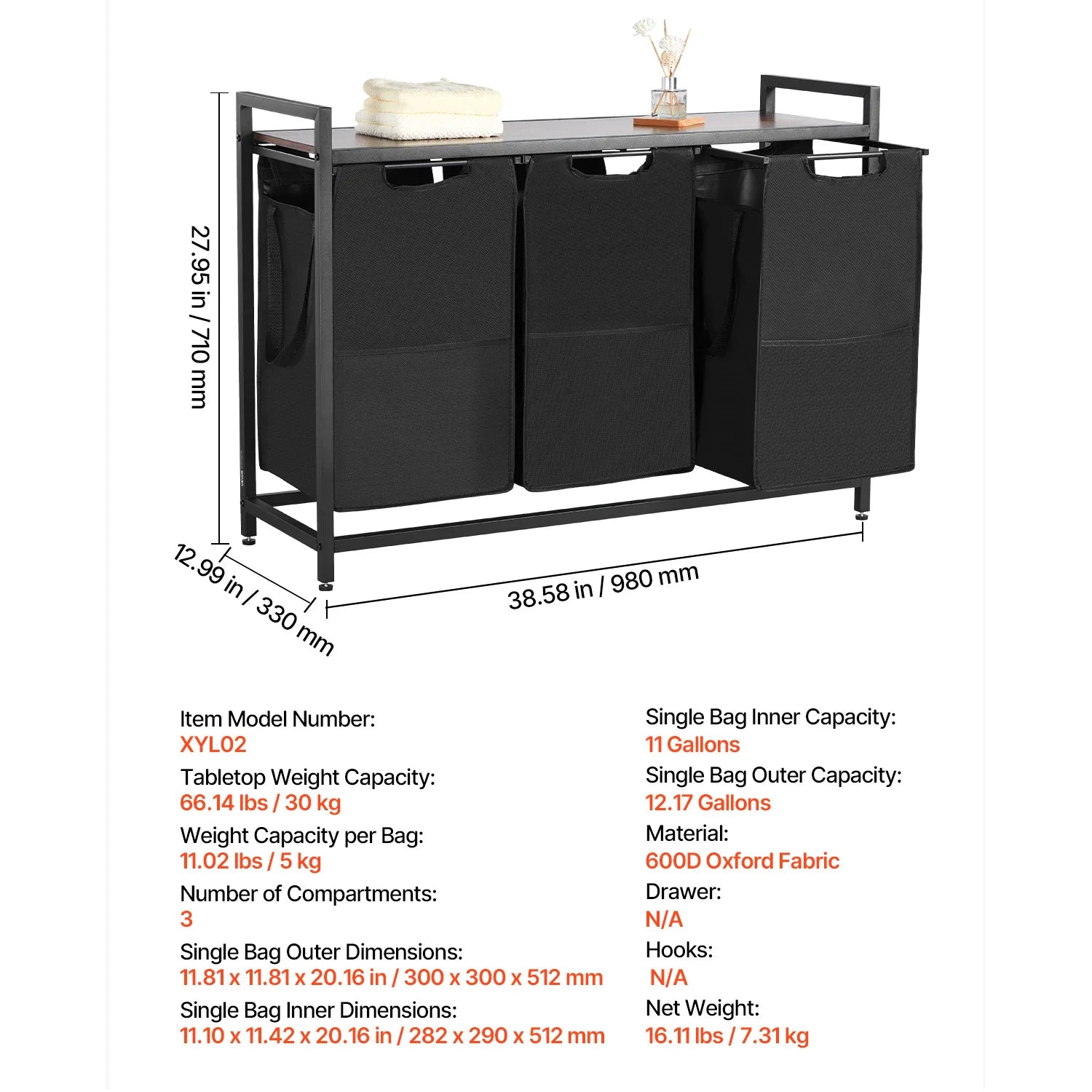 Large Laundry Sorter with Metal Frame & Pull-Out Bags