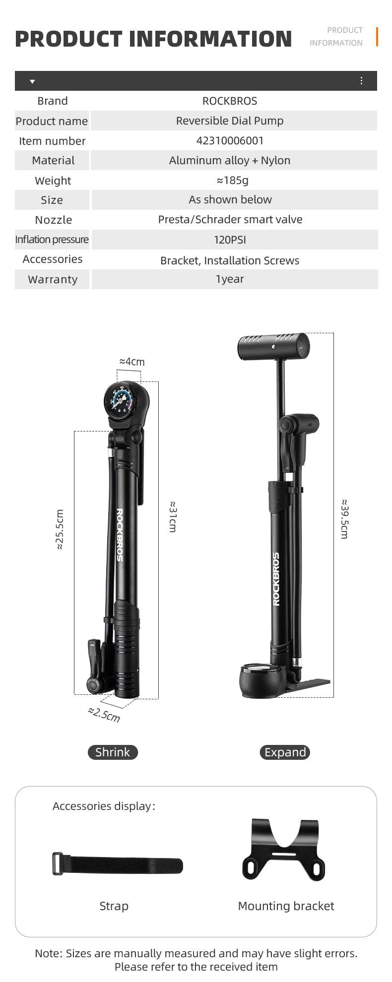120 PSI Manual Bike Pump with Gauge, Presta Schrader