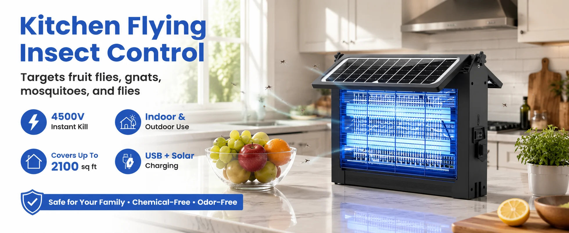 Solar Bug Zapper 4500V med dobbelte paneler og USB, IPX5 til udendørs brug