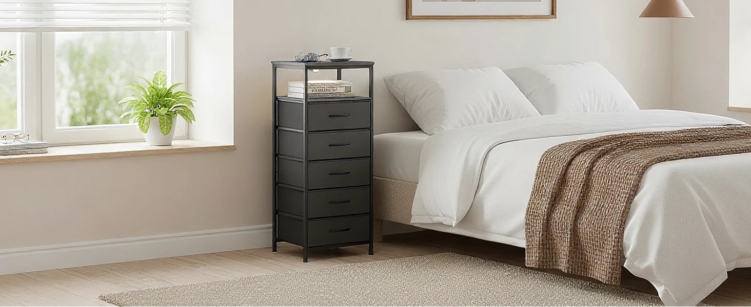 5-Drawer Nightstand with Charging Station, LED Lights & Storage