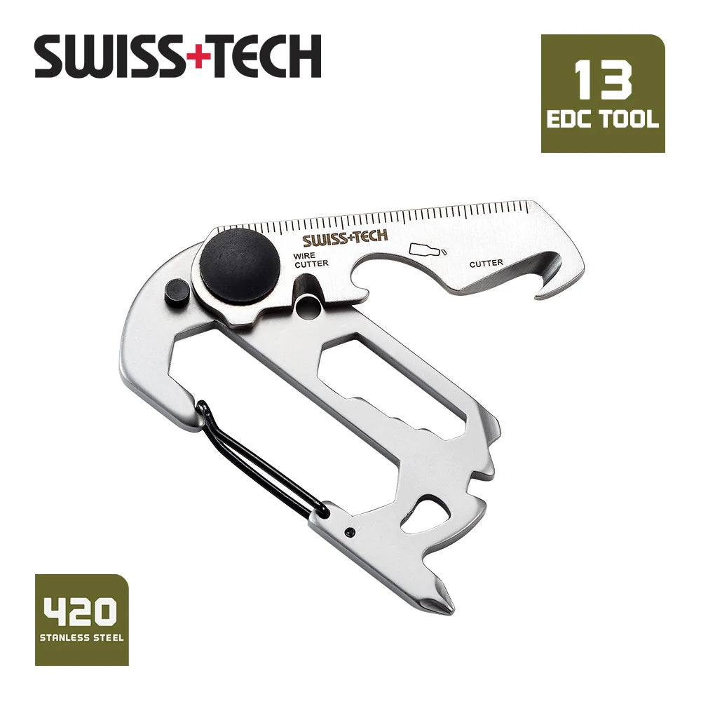 SWISS TECH 13 In 1 Mini Protable Multifunctional Tools Small Pocket EDC Tool Multitool Kit Carabiner Clip Hiking Camping Gadgets