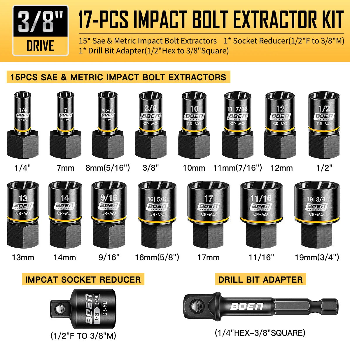 17-Piece Impact Bolt Extractor Kit for Damaged Bolts