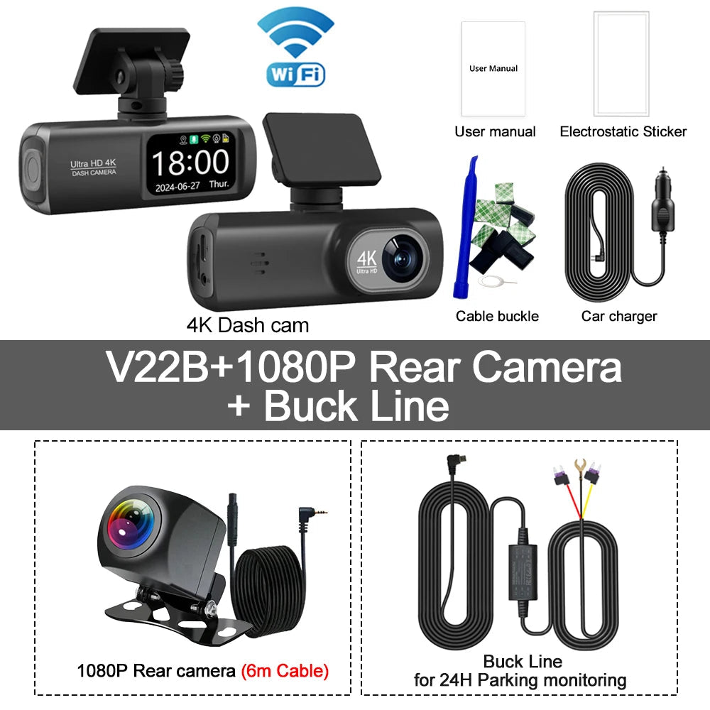 UHD 4K WiFi Dash Cam Dual Lens Driving Recorder Car DVR Optional 1080P Rear Lens Camera GPS 24H Parking Monitoring Black Box 