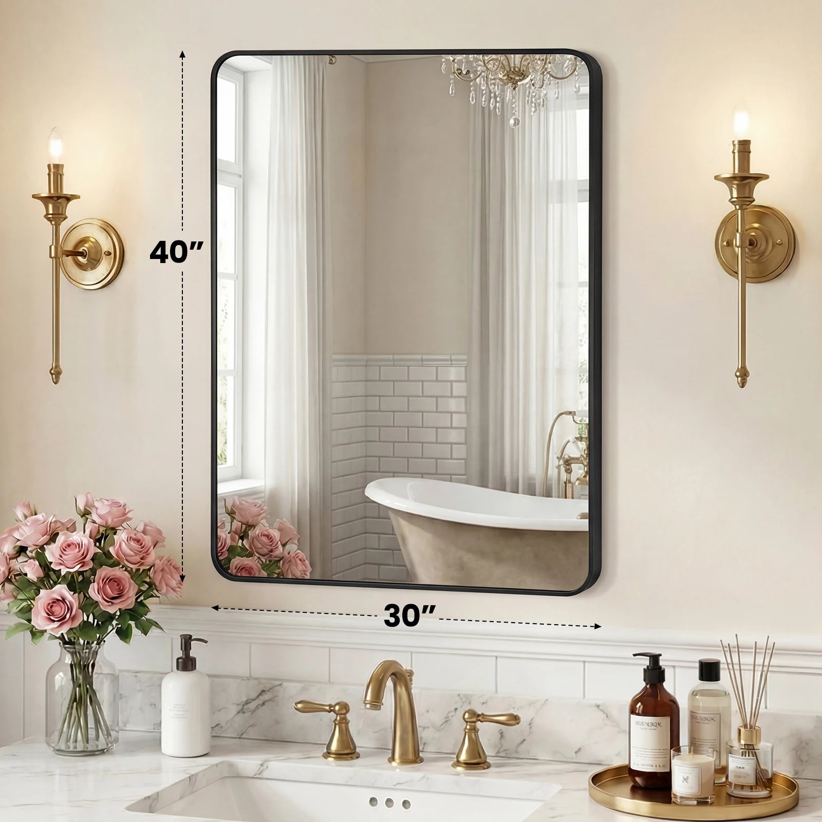 Rounded Rectangle Wall Mirror with Metal Frame, Tempered Glass