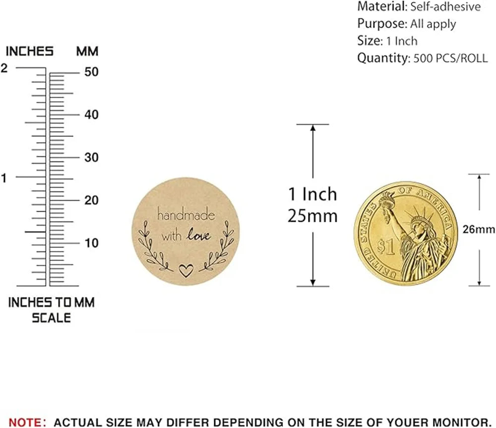 500pcs Handmade with Love Stickers Vintage Kraft Paper Stickers Stationery Label Baking Kraft Paper Stickers Scrapbook Gift