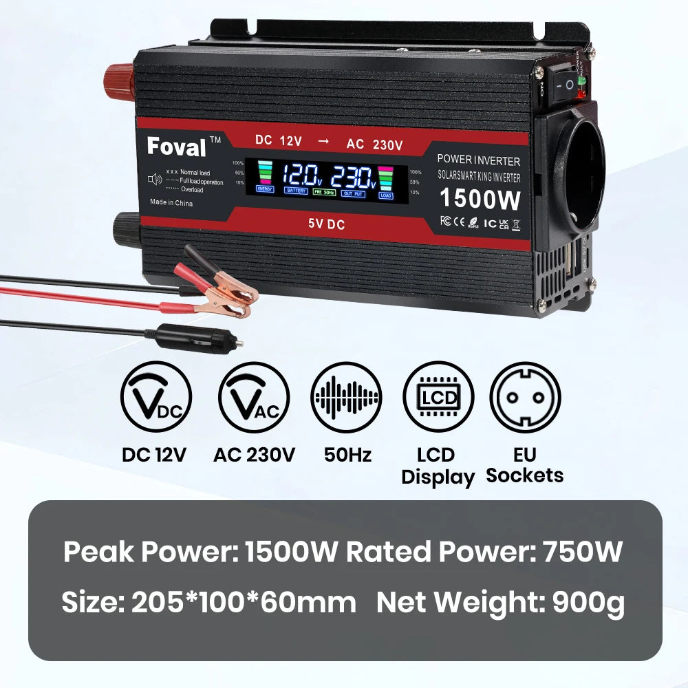 Мощен инвертор 1500W/2000W/2600W/3000W с LCD дисплей DC 12V към AC 220V, соларен, с 2 USB порта, автомобилен трансформатор, конвертор, EU щепсел, модифицирана синусоида 50Hz