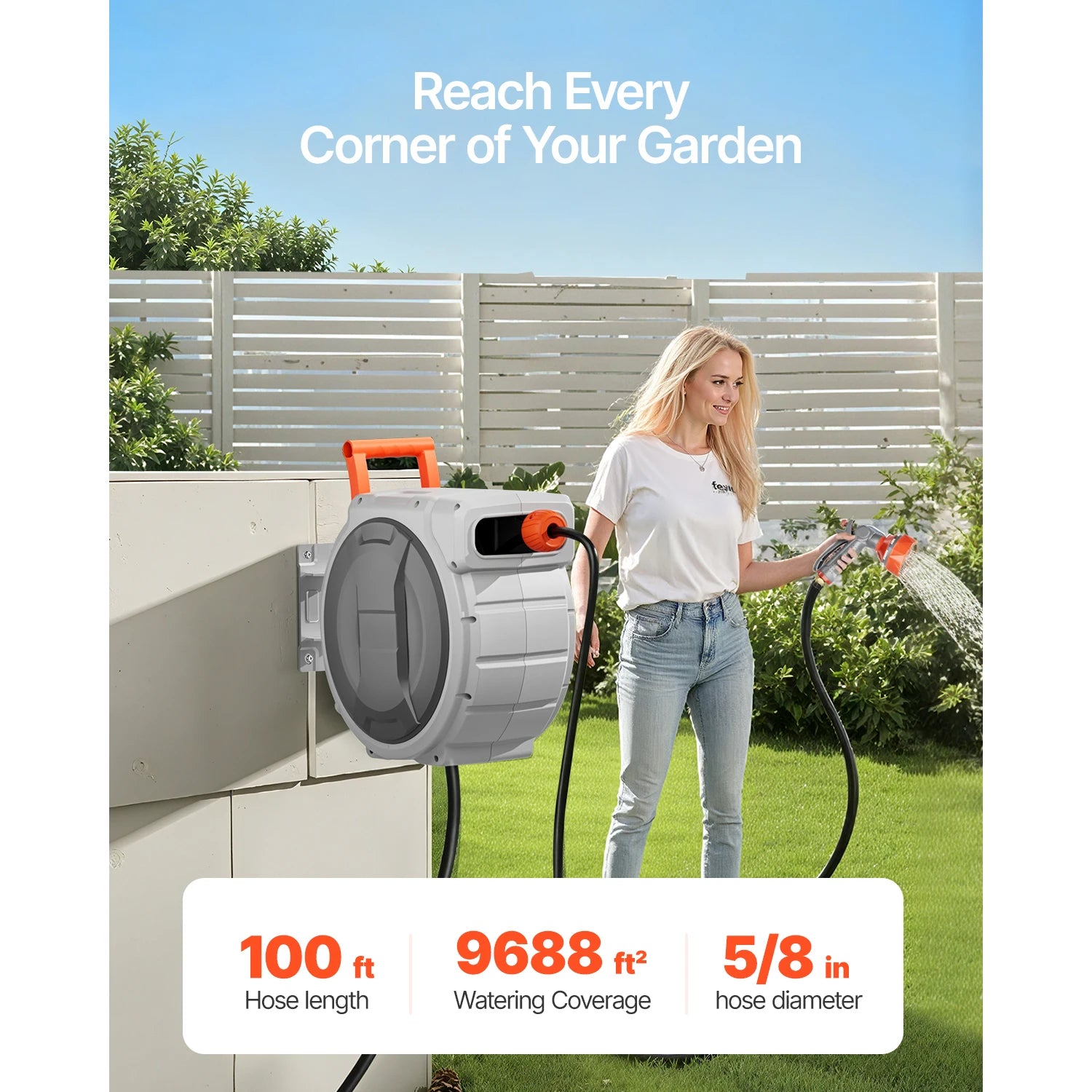 SucceBuy Entreador de Mangueira Retrátil de Jardim 5/8 polegadas x 30,48 m com Niple Rotativo de 9 Padrões, Sistema de Retorno Lento Atualizado e Suporte com Giratório de 180°