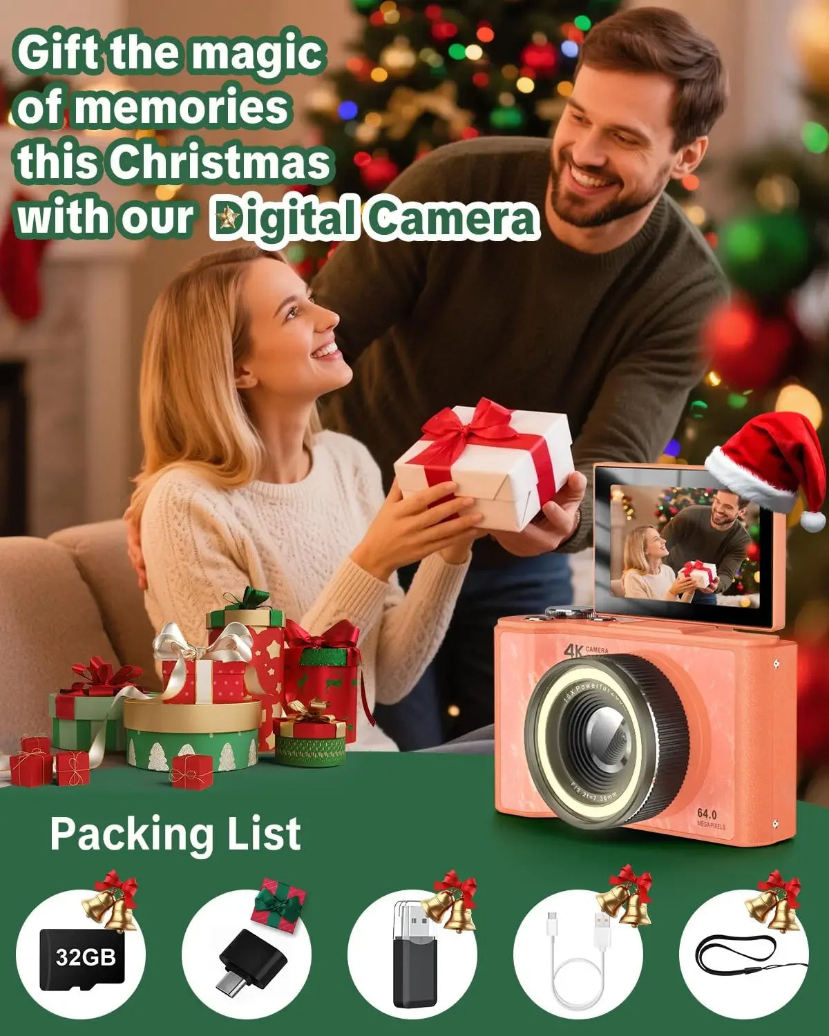 4K Vlogging Camera with 180° Flip Screen, Ring Light, Beauty Mode, 32GB SD Card