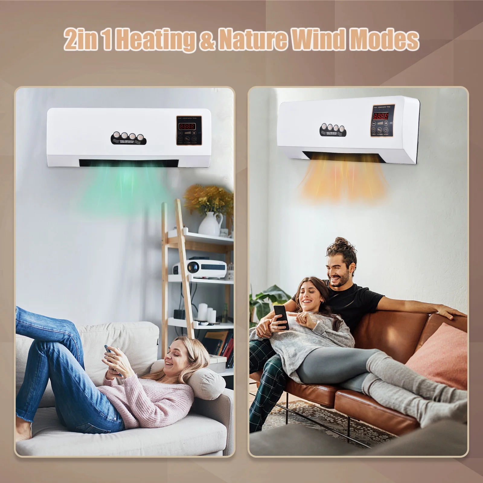 Aquecedor e Ventilador Combo de 1800W, Aquecedor Elétrico de Parede com Ventilador e Controlo Remoto