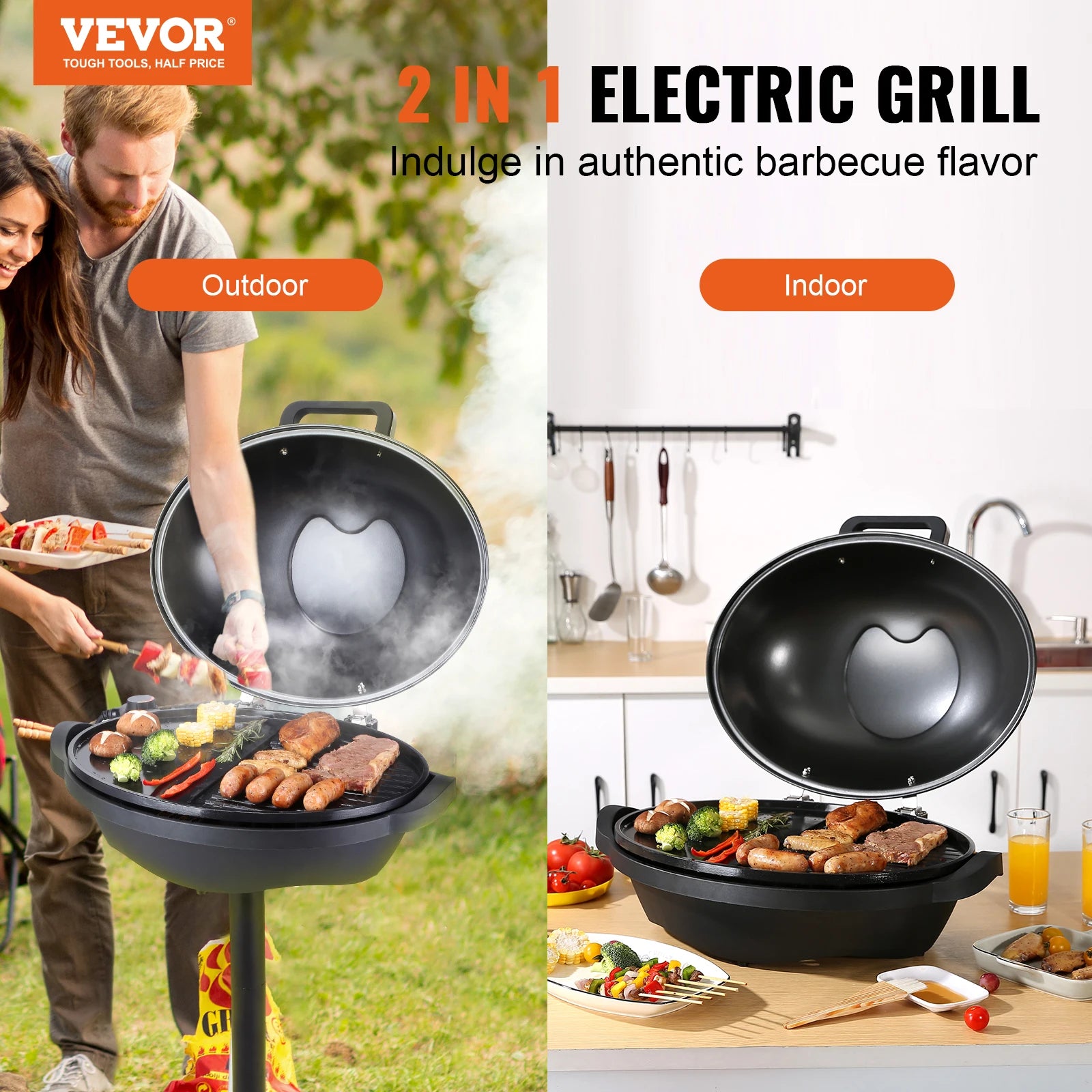 1800W Electric BBQ Grill with 2-Zone Surface for Indoor Outdoor Use