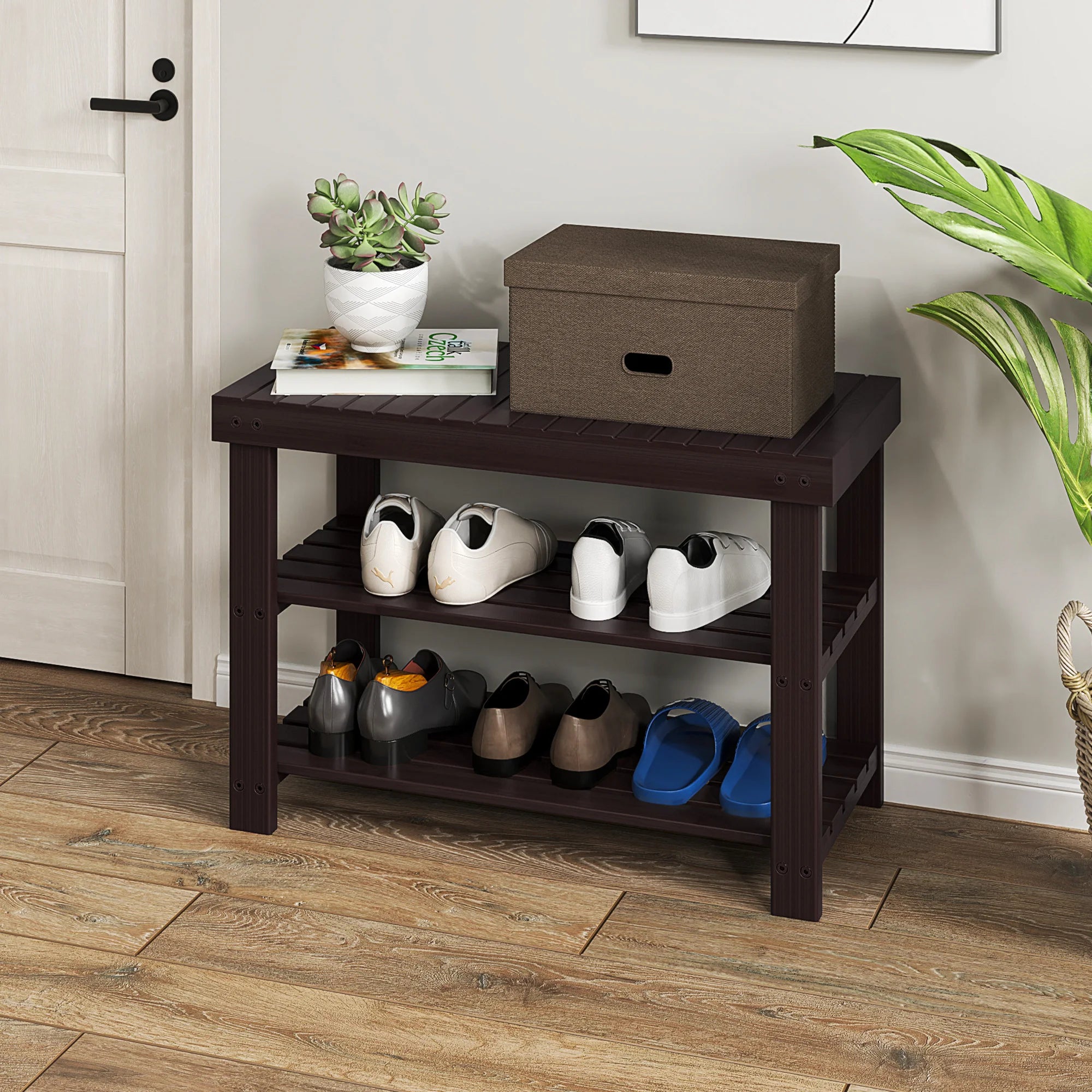 3-Tier Bamboo Shoe Rack Bench with Storage Holds 286 lb