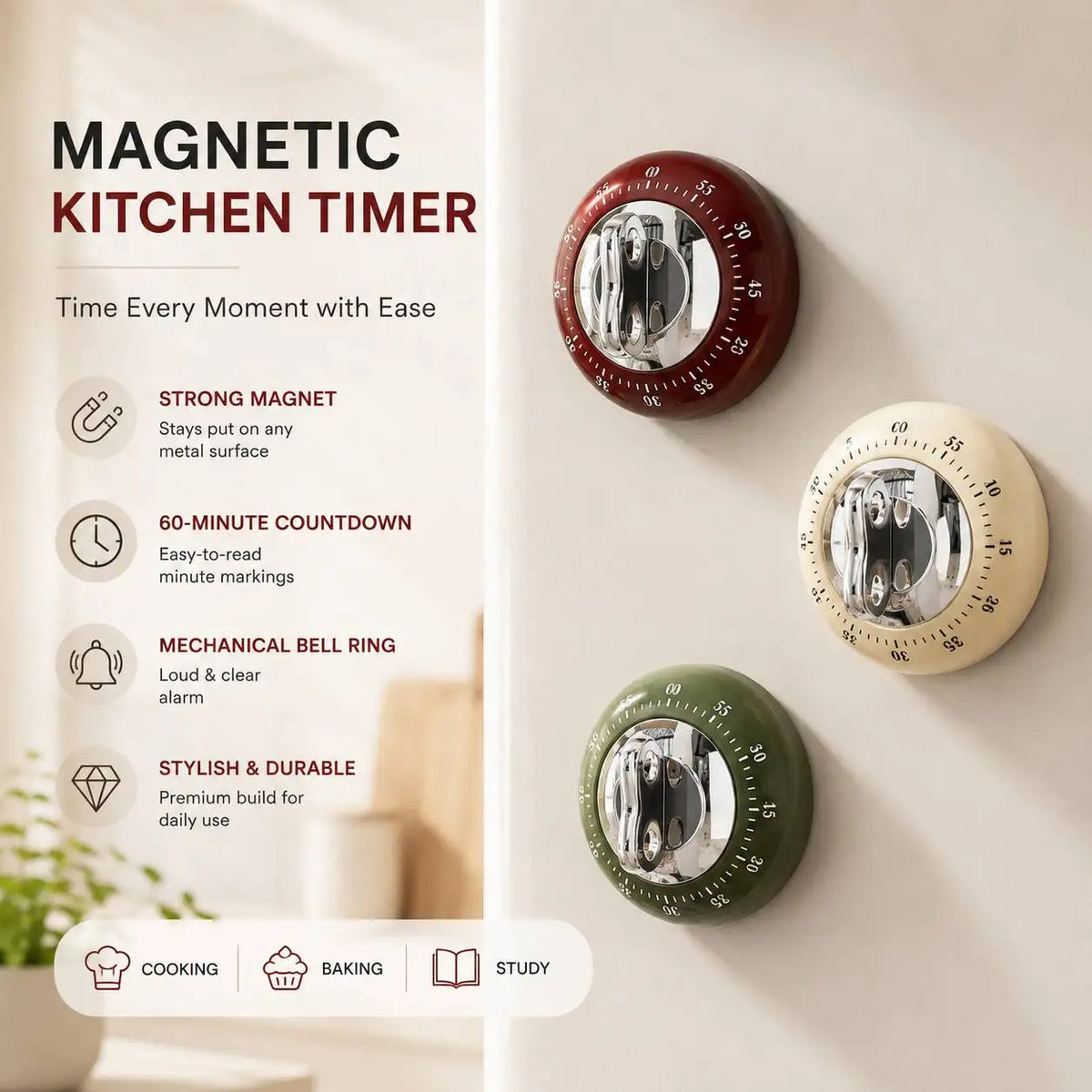 Magnetisk mekanisk matlagningstimer, nedräkning på 60 minuter, kräver inga batterier, högljudd och tydlig signal, timer för bakning, studier och barns läxläsning