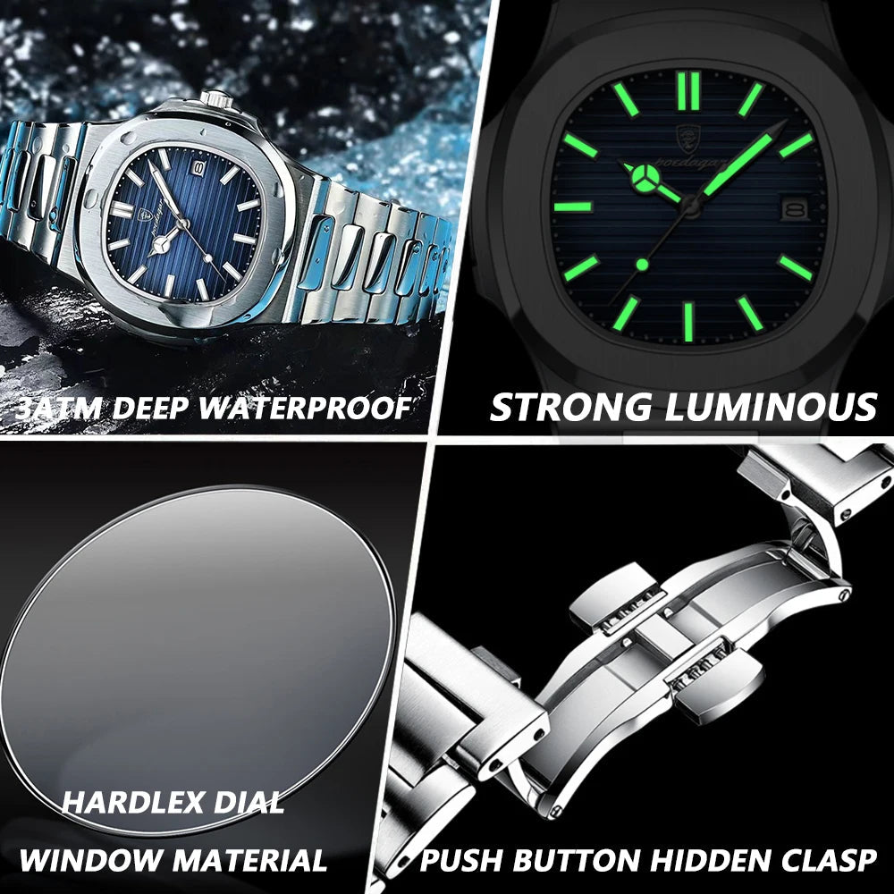 POEDAGAR Square Luxury Men Wristwatch Waterproof Luminous Date Stainless Steel Male Clock Business Sports Quartz Watches For Men 