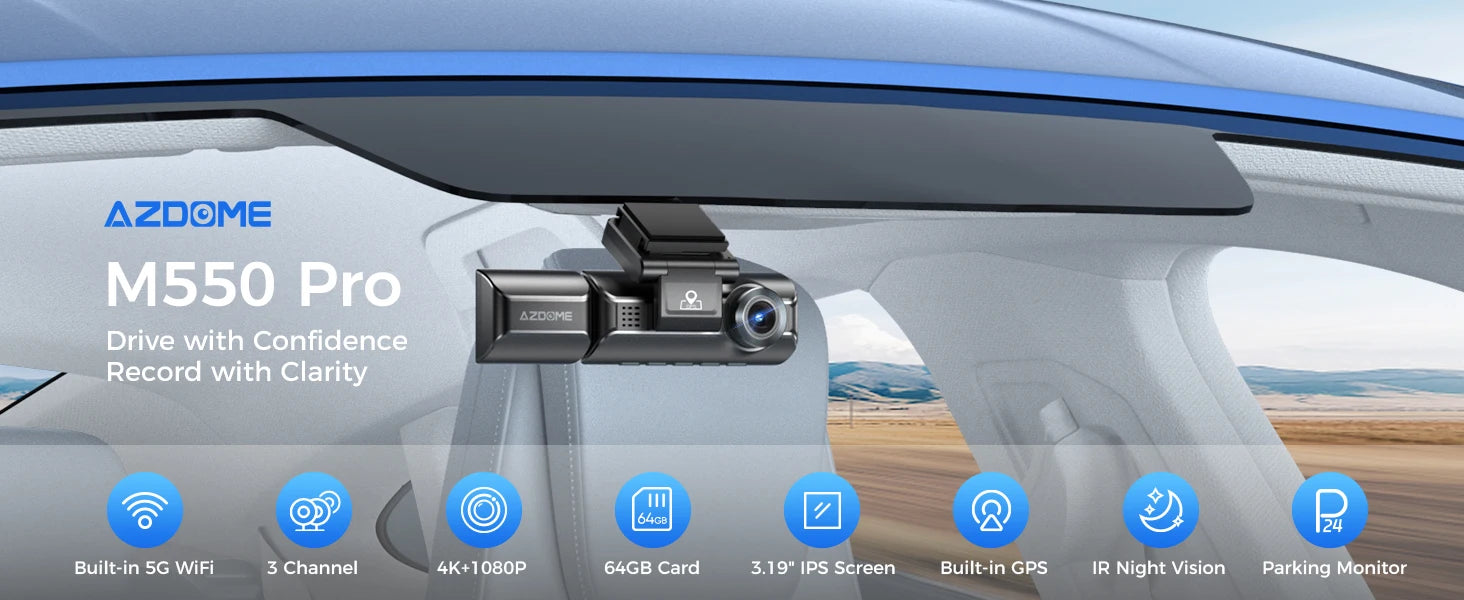 AZDOME M550 Pro Dash Cam 3‑Channel with GPS & WiFi