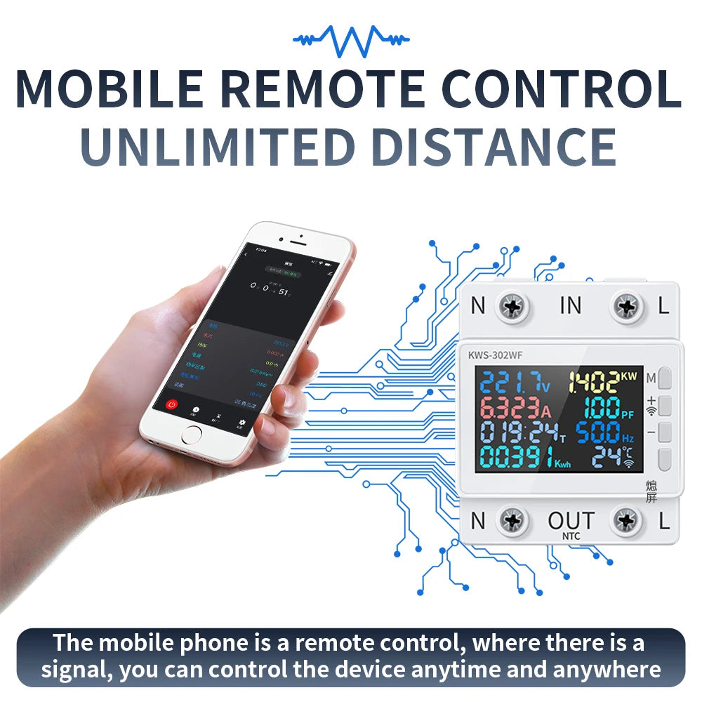 Tuya WiFi 8in1 Power Meter 2P AC Energy Meter APP Control 170-270V/63A Voltage and Current Meter Electricity Meter Smart Life 