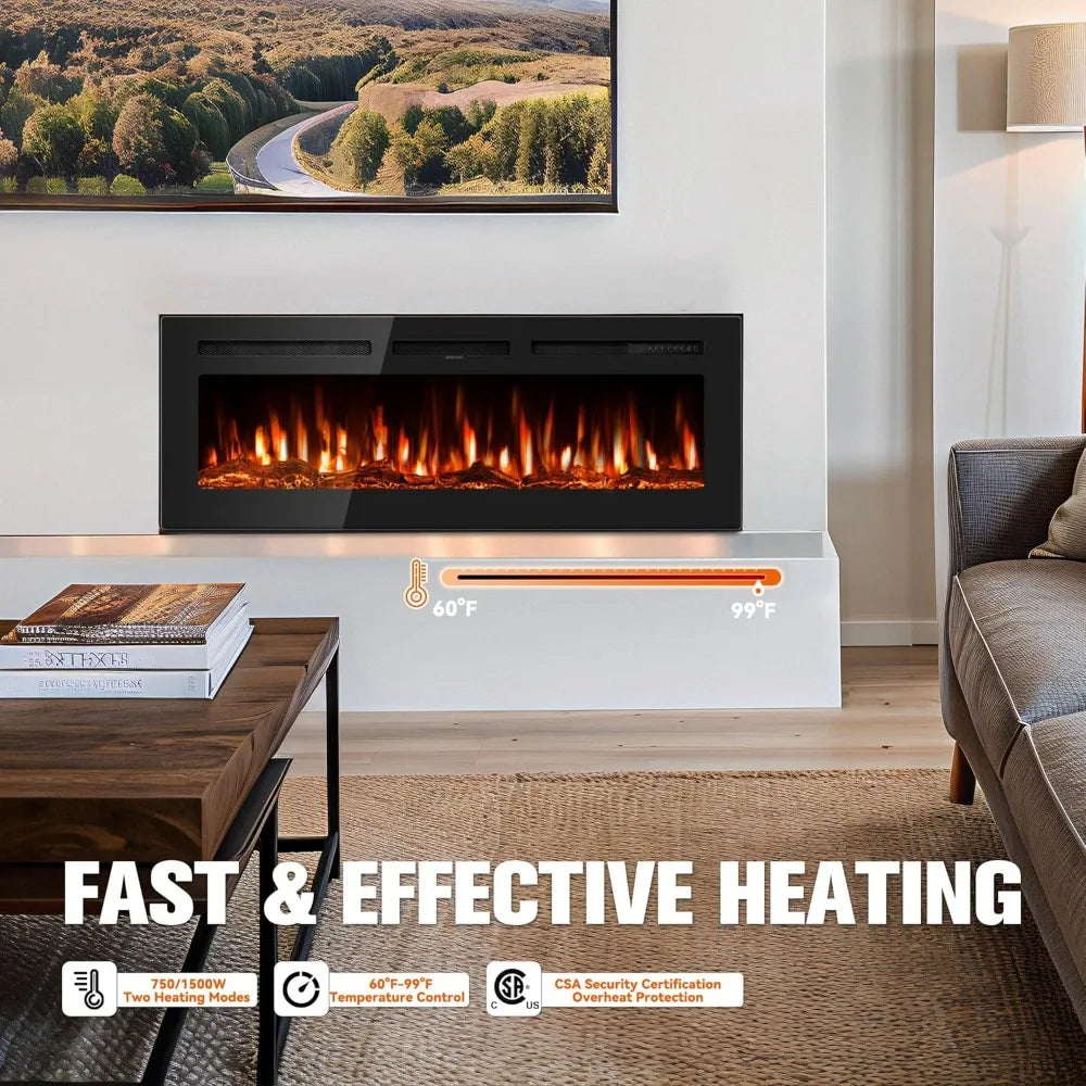 60" Ultra-Thin Electric Fireplace with 12 Flame Colors & Thermostat