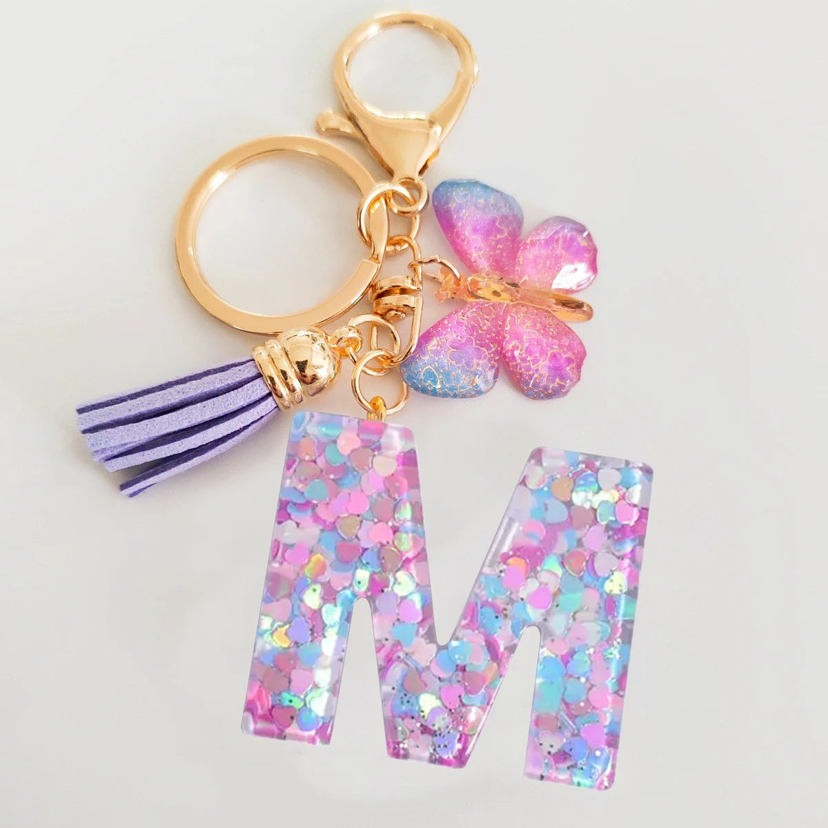 Fashion butterfly Fringe Initial Keychain Drop Glue Blend Sequin A-Z26 Letter Keychain Cute Ladies Student Bag Accessory Gift