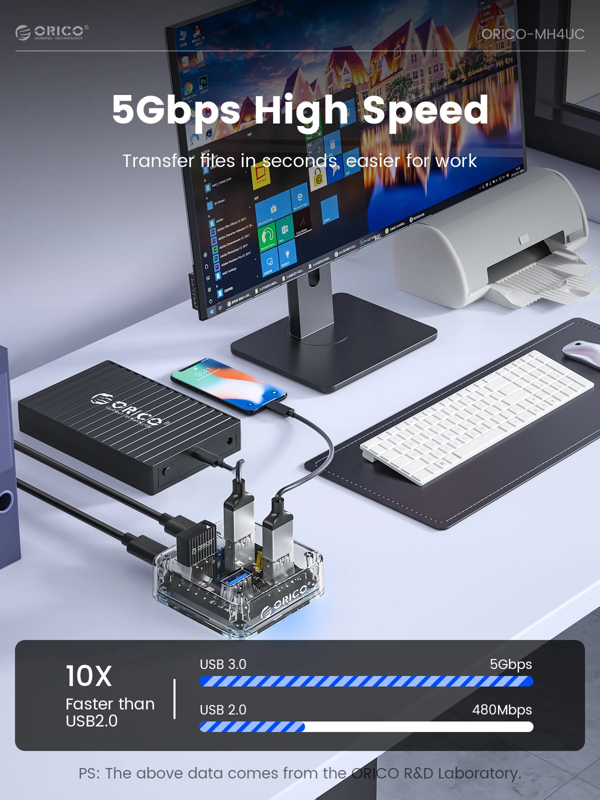 Transparent Four-Port USB Hub with Auxiliary Power Port