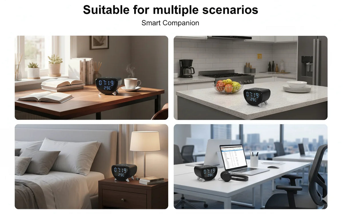 4K UHD WiFi Clock Camera, Indoor Surveillance with Motion Detection, Remote Real-Time View & Video Recording, Qi Wireless Charging Compatible, Suitable for Home Office Warehouse, Elegant Minimalist Design, TF Card Storage (No