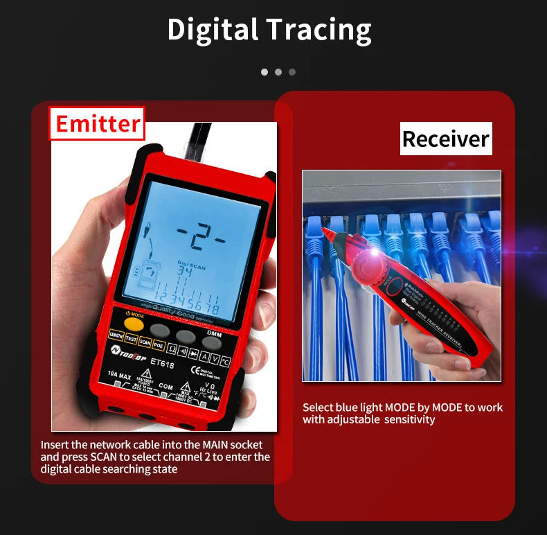 TOOLTOP Network Cable Tester Multimeter Lan Cable Tracking POE Test 400M/600M Length Measure Sensitivity Adjustable Line Tracker 