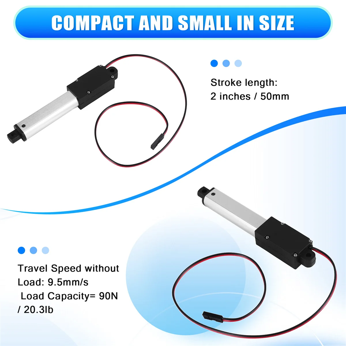 12V Mini Linear Actuator - 50mm Stroke, 90N