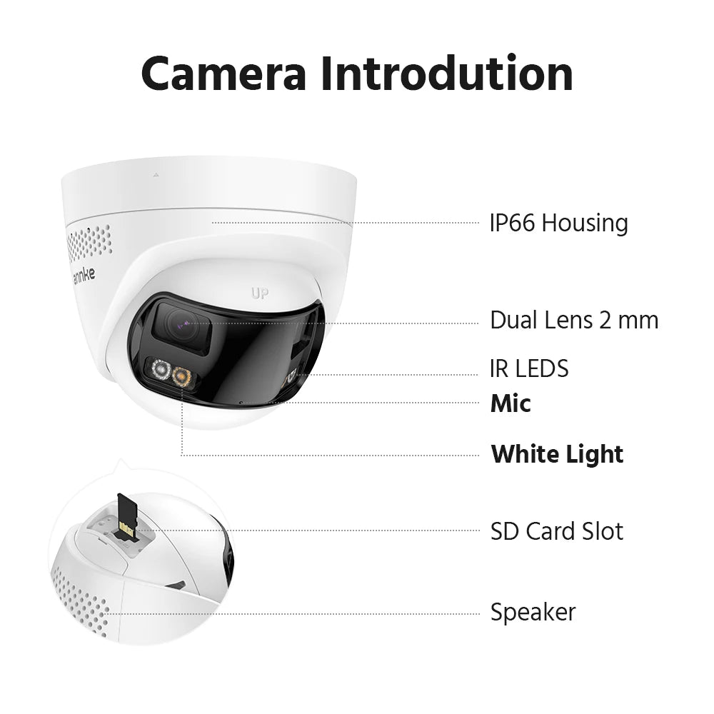8MP Dual Lens PoE IP Security Camera with Human Detection, Two-Way Audio, 180° View