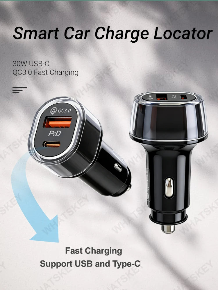 Car Charge GPS Locator Tracker 30W USB Phone Charger Fast Charging Type C QC3.0 Works with iOS Find My APP,Google,Android