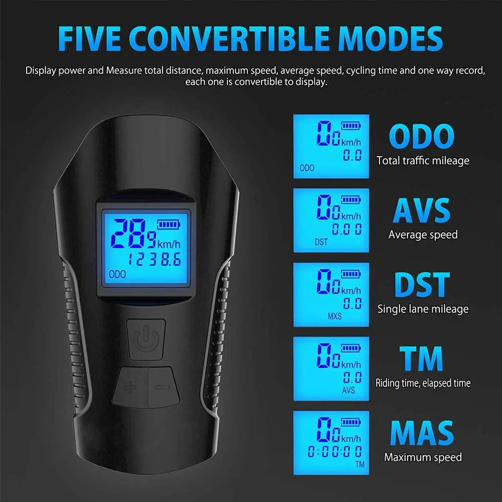 Rechargeable Bicycle Light with Horn and Speed Display