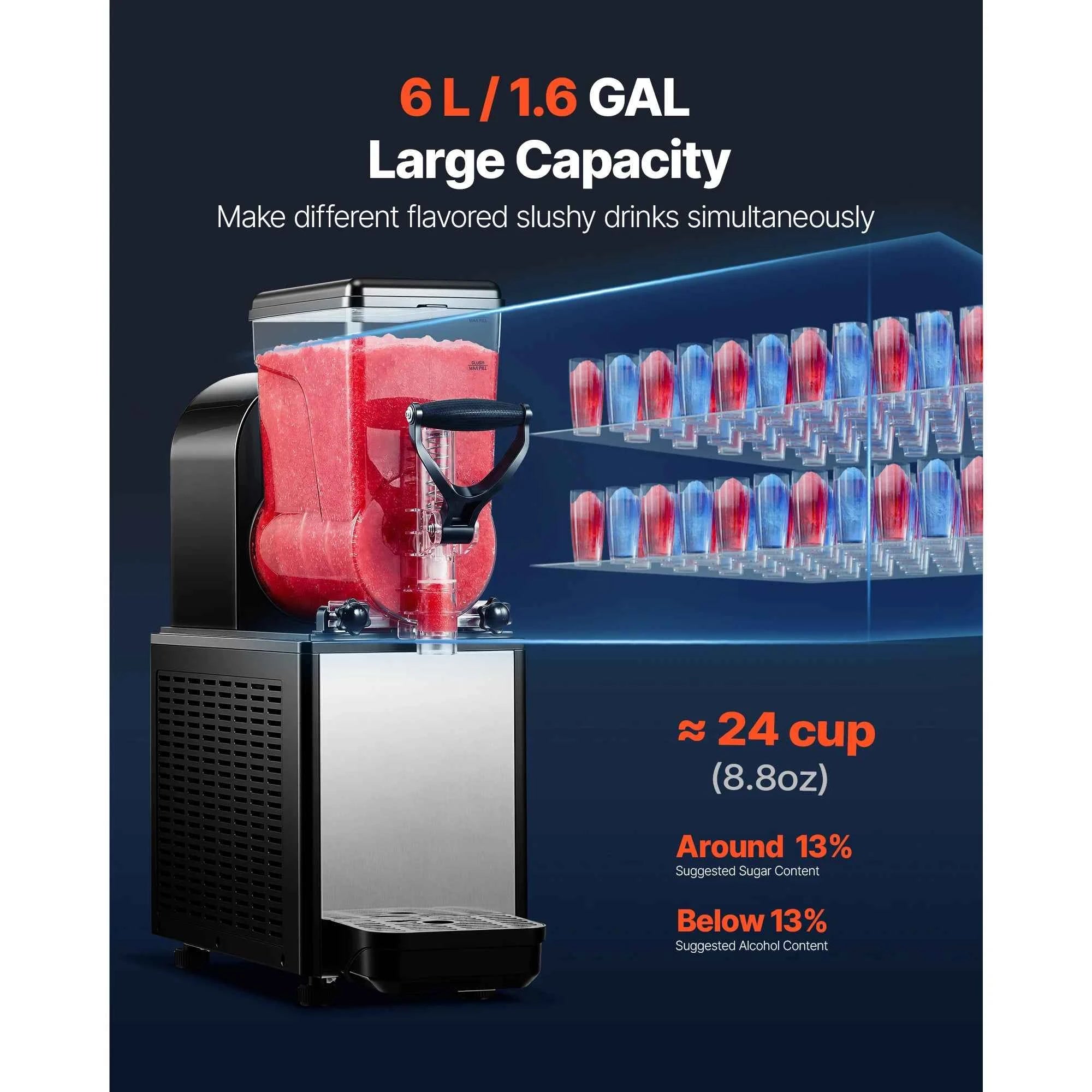 SucceBuy 6L/1.6Gal Slushie Machine Commercial Slushy Maker Frozen Drink Maker w/ Self-Cleaning for Restaurants Bars for Slushie