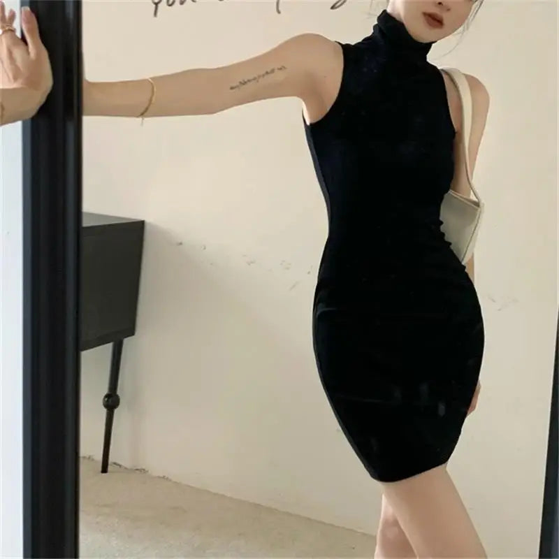 Summer Sexy High Neck Tight Dress Oversleeve Pleated Bottom Wrapped Hip Dress Women Bodycon 