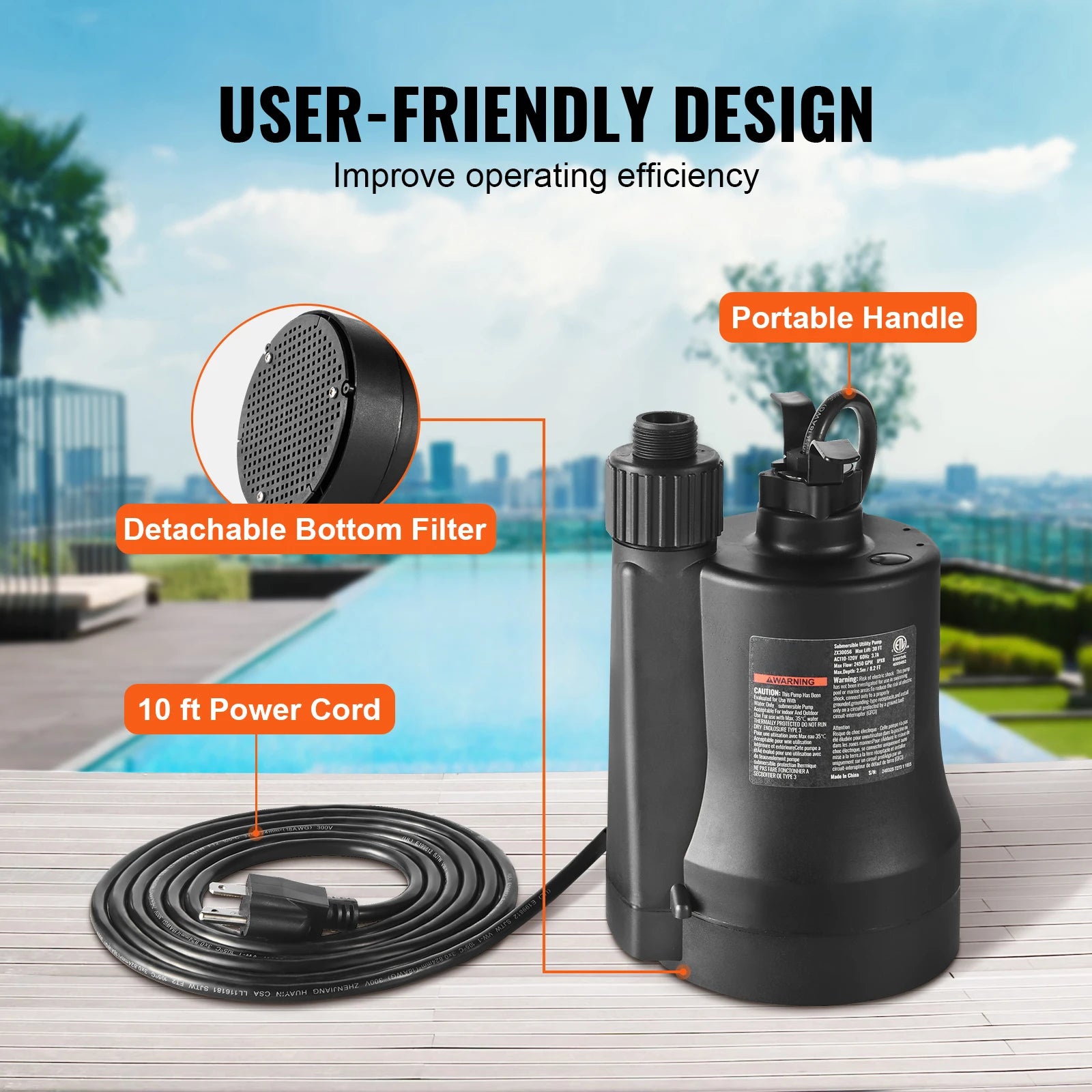 Pompe utilitaire Succ eBuy 1/3 HP 2450 GPH Débit élevé Tête de 30 pieds Pompe de puisard submersible Pompe à eau Câble d’alimentation de 10 pieds pour l’évacuation d’eau