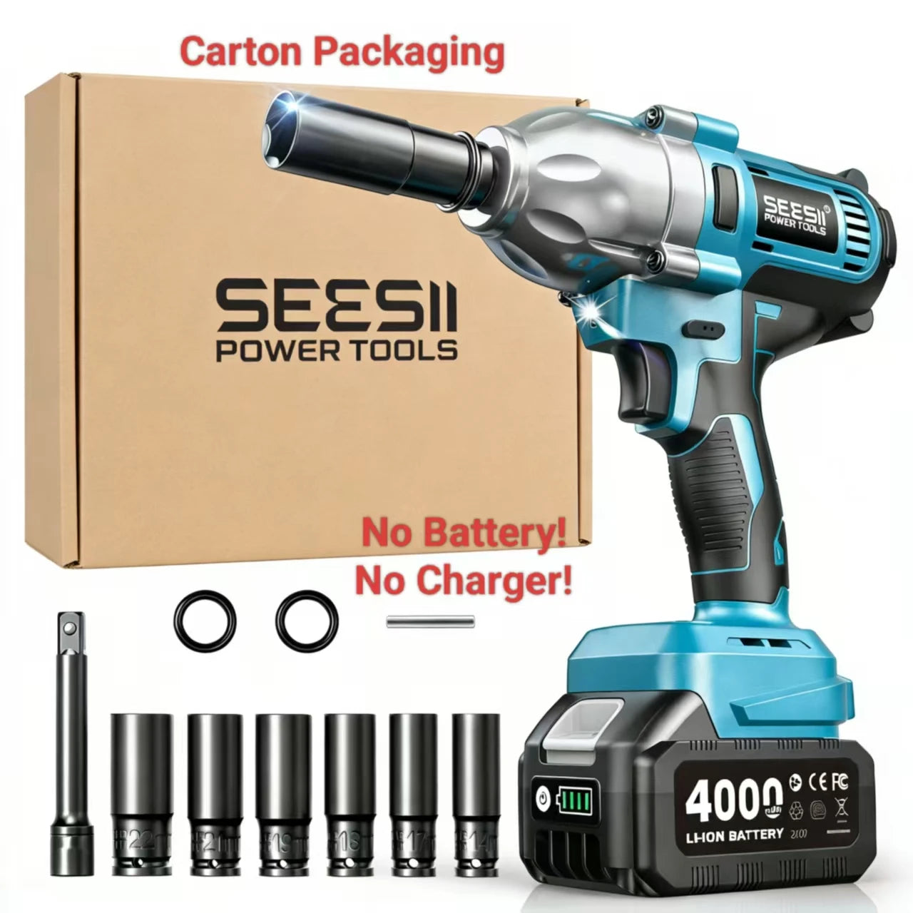 1200N.m Cordless Impact Wrench 1/2 Inch with LED and 6 Sockets