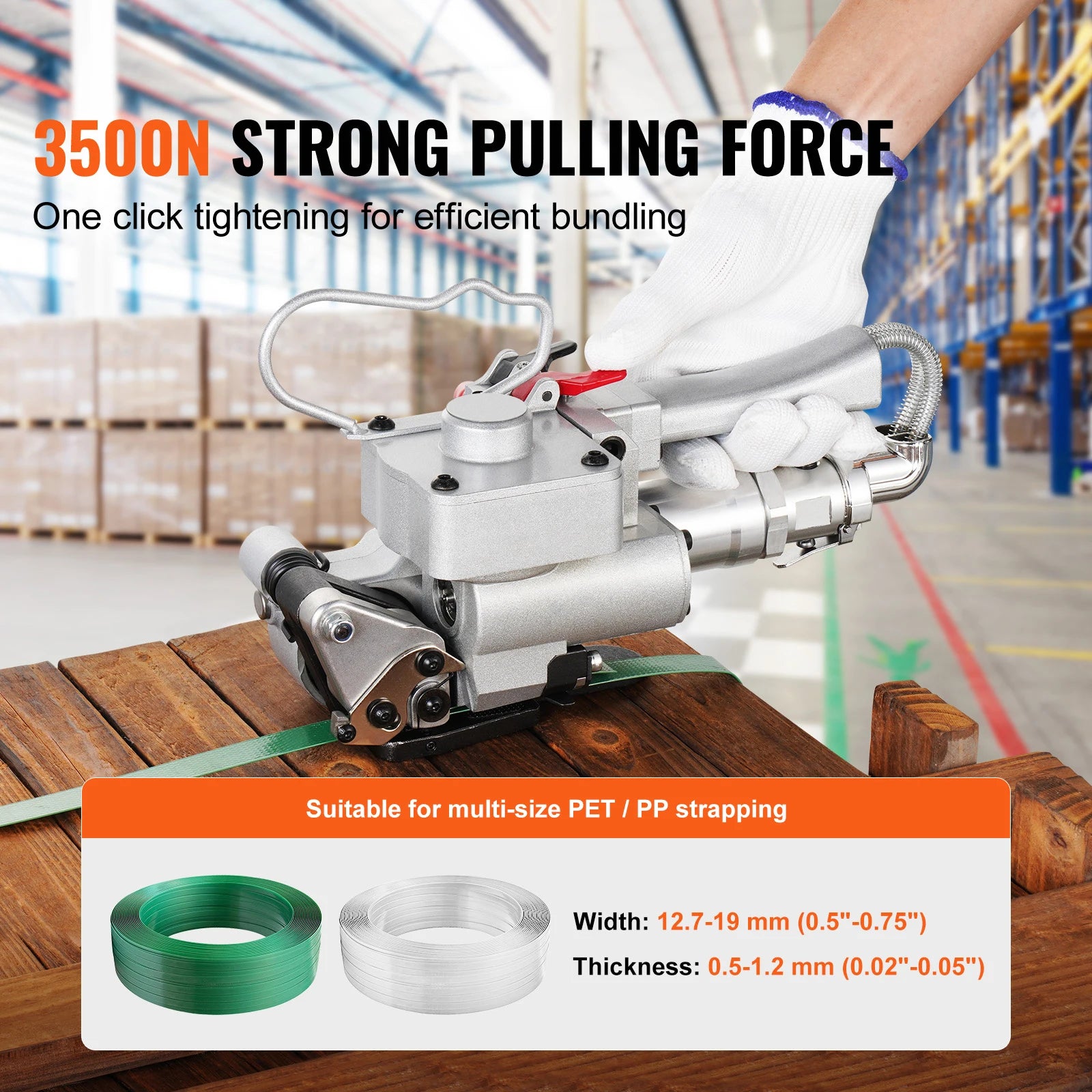 Draagbare pneumatische omsnoeringsmachine 3500N voor PET/PP 1/2"–3/4"