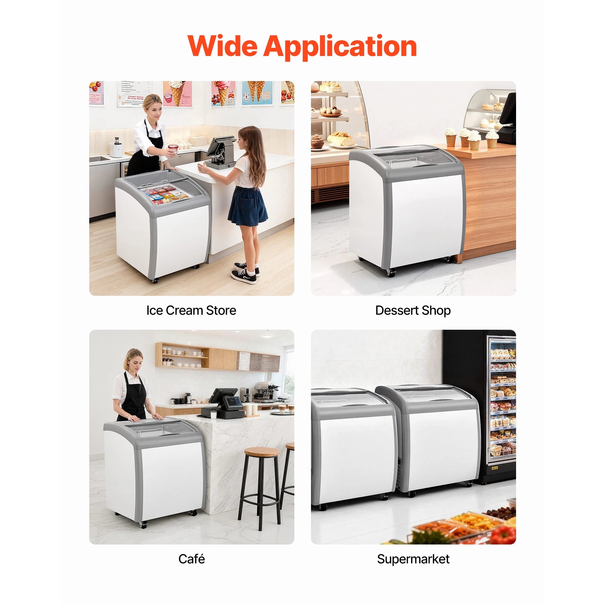 Commercial Ice Cream Display Case with Glass Doors, Casters and LED