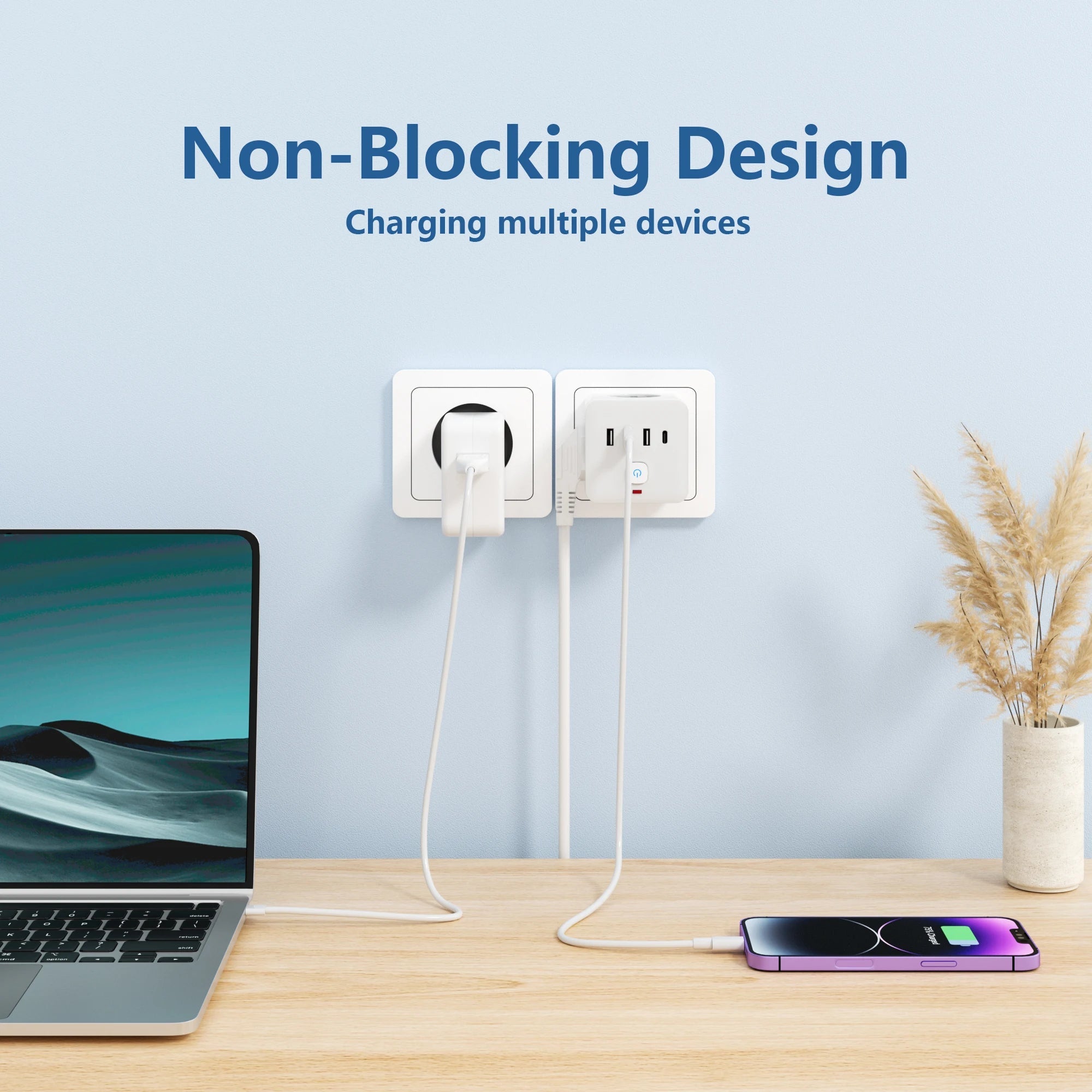 7-in-1 EU Power Strip, Power Strip Surge Protector 3 AC Outlets 3 USB 1 Type-C, Desktop Charging Station With Overload Protecti 