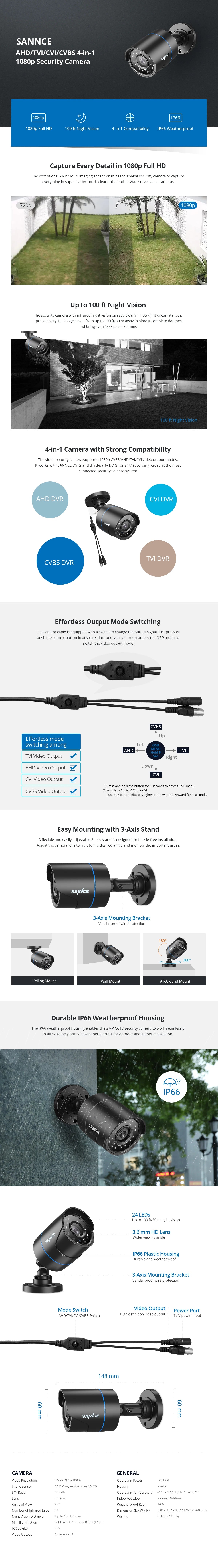 1080P Outdoor Bullet Security Camera with 100ft Night Vision