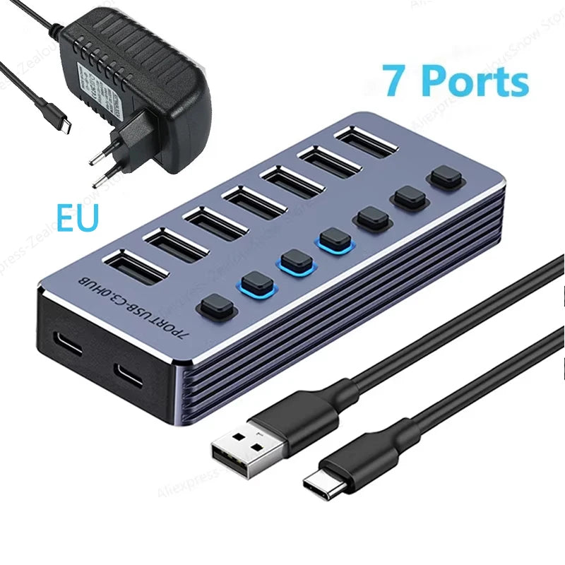 USB-C Hub with Individual Switches, 7 or 10 USB 3.0 Ports
