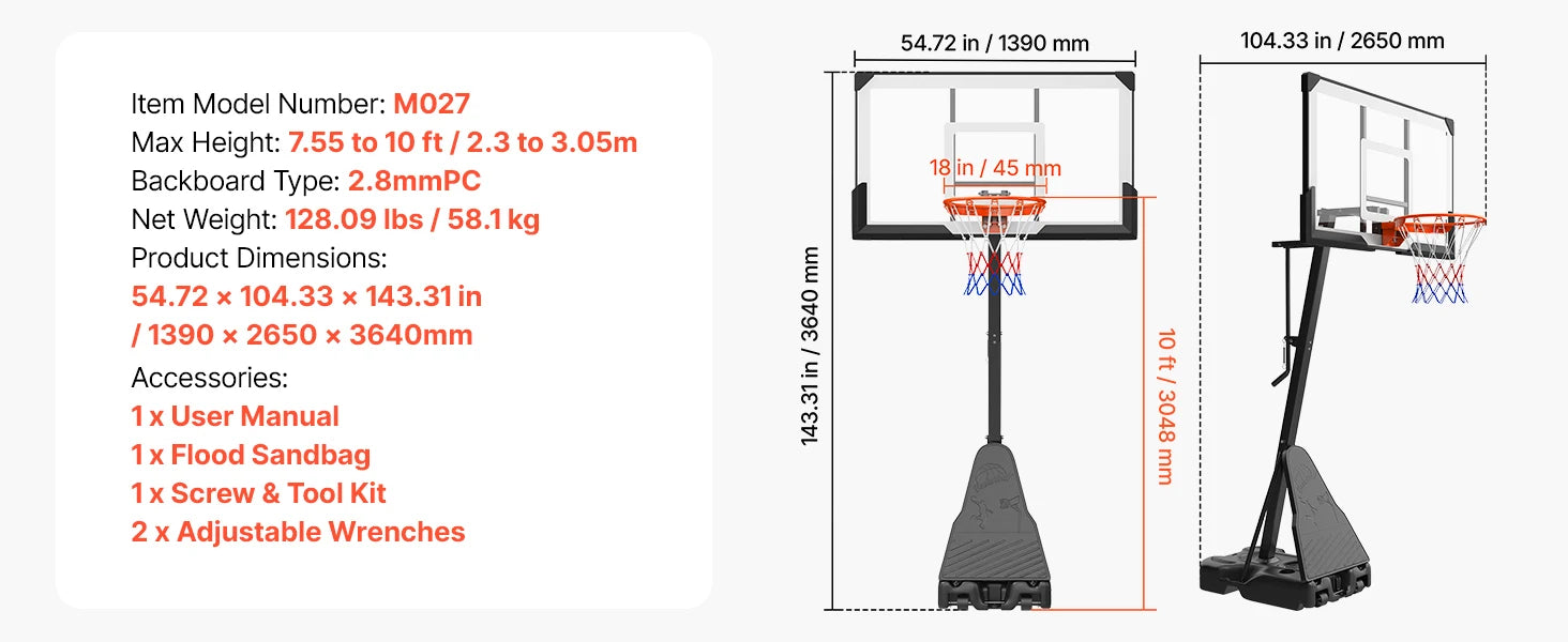 Système de panier de basket-ball portable réglable avec panneau de 44 à 54 pouces
