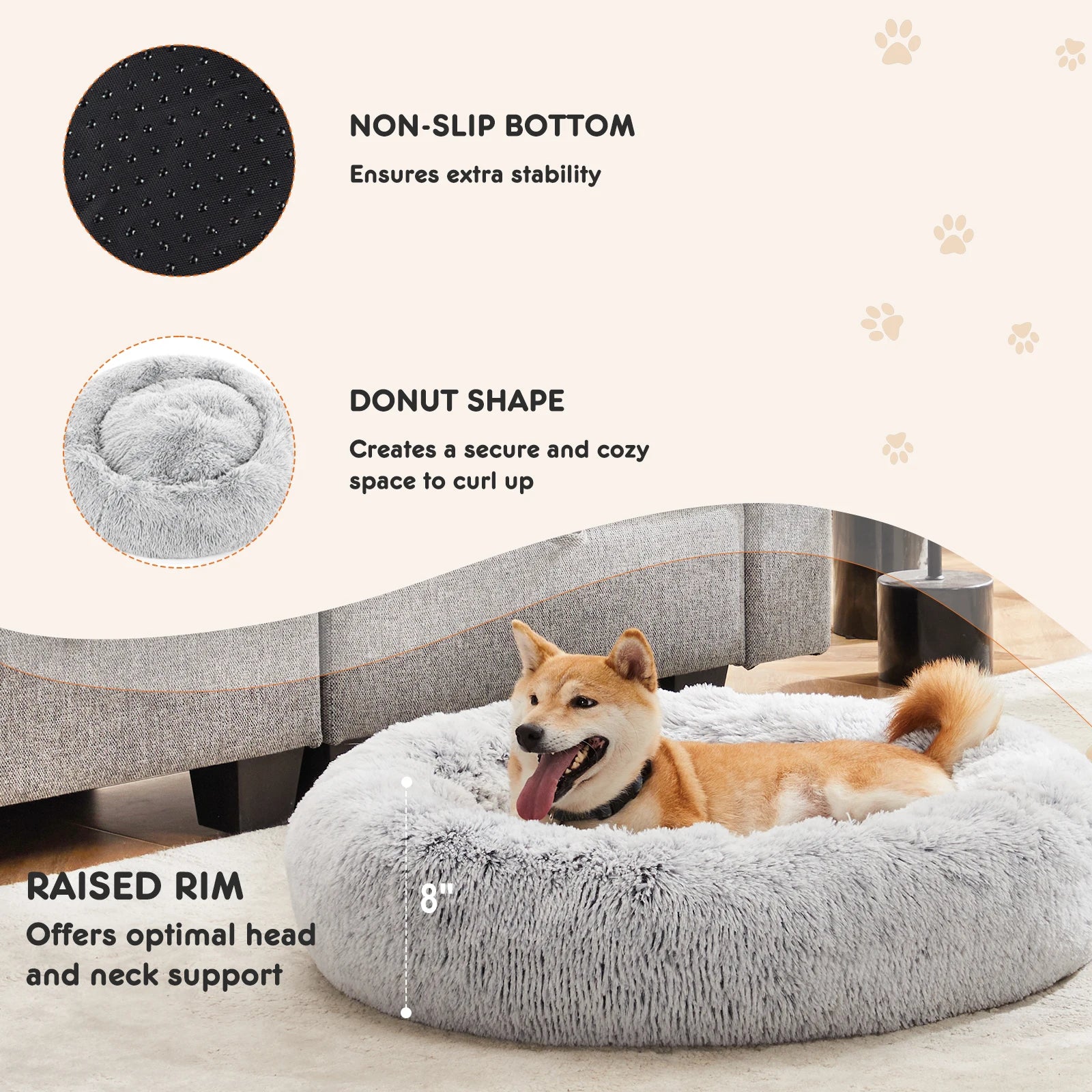 Round Plush Faux Fur Calming Dog Bed Washable Anti-Slip
