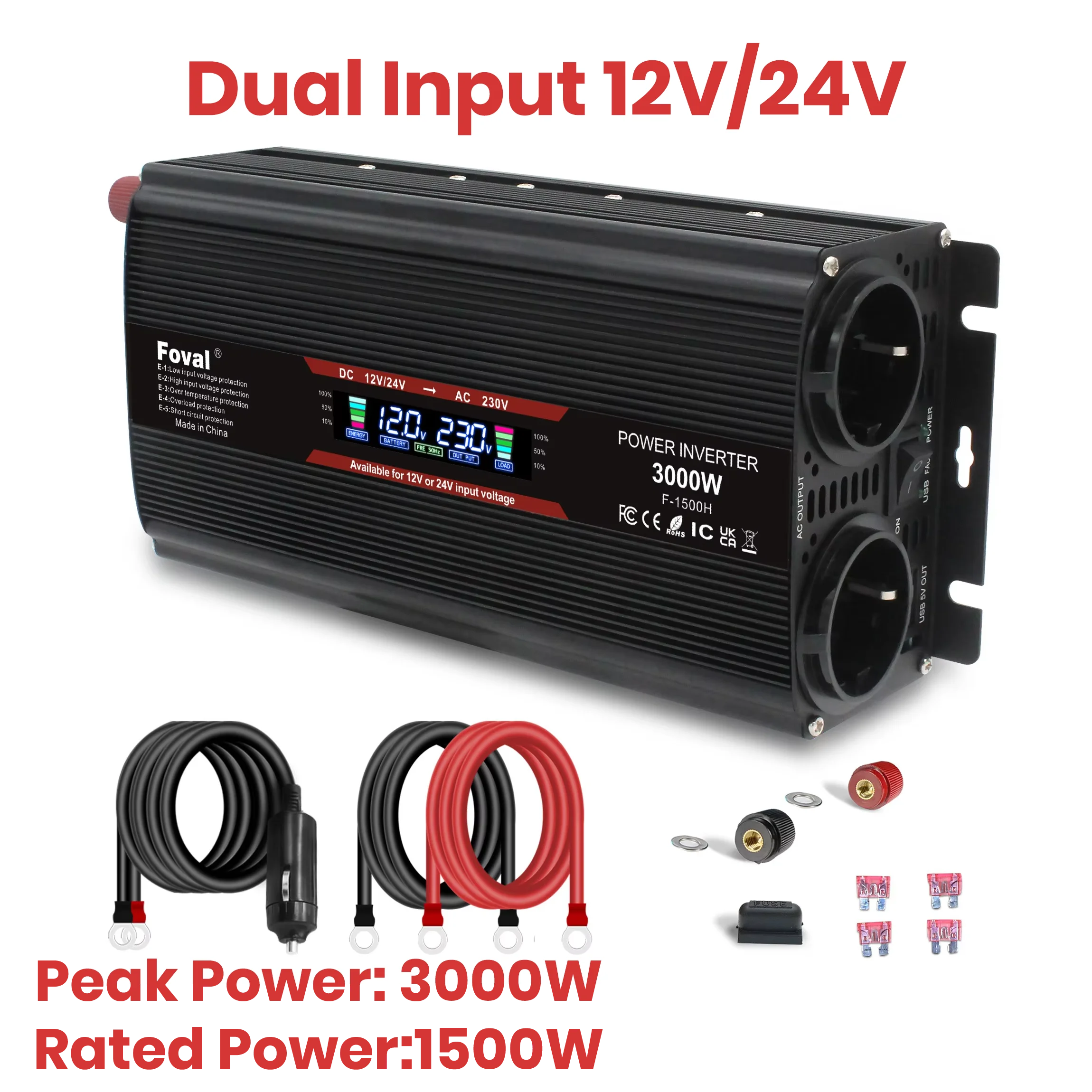 Мощен инвертор 1500W/2000W/2600W/3000W с LCD дисплей DC 12V към AC 220V, соларен, с 2 USB порта, автомобилен трансформатор, конвертор, EU щепсел, модифицирана синусоида 50Hz