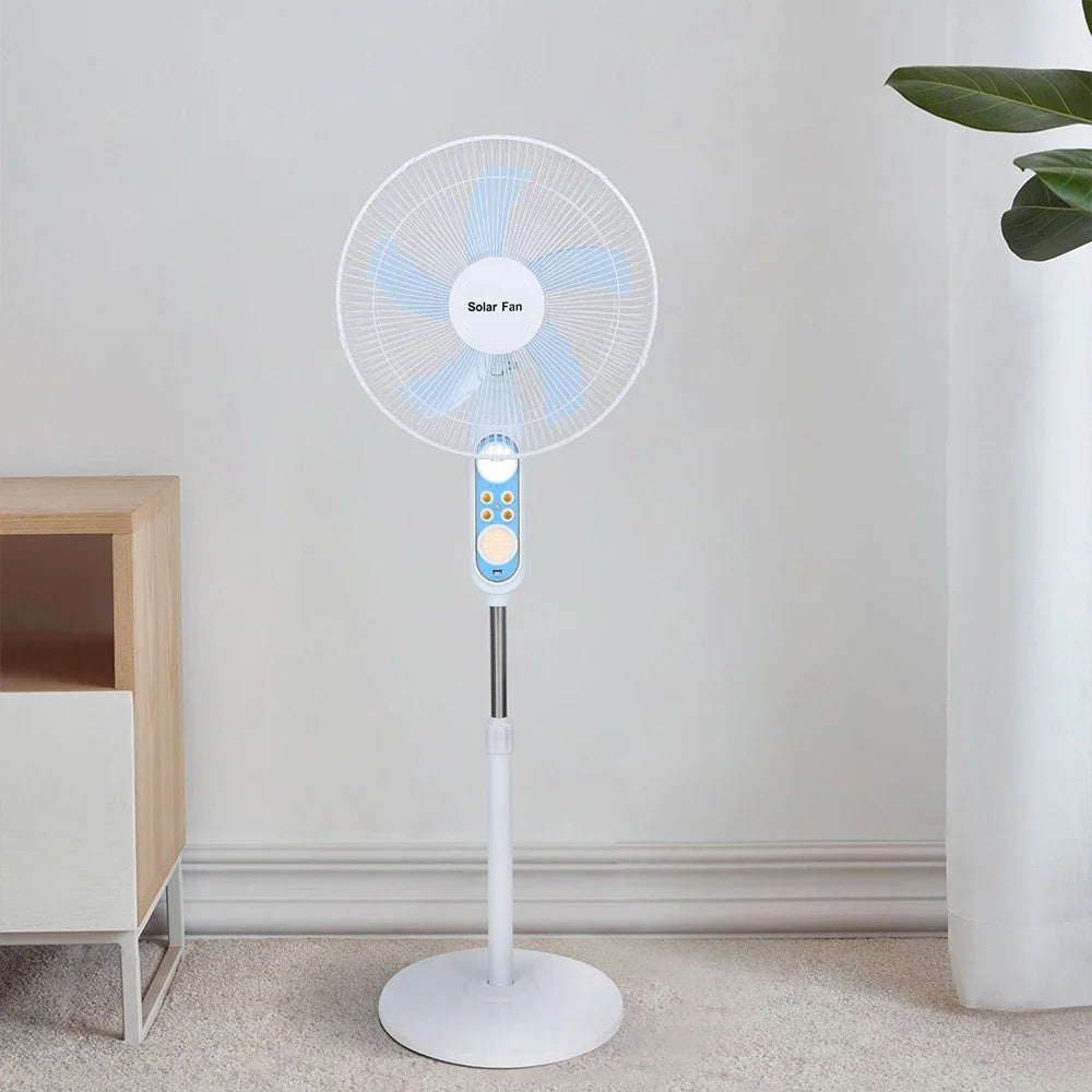 Solární podlahový ventilátor s dálkovým ovládáním, 12hodinovým provozem a LED světlem