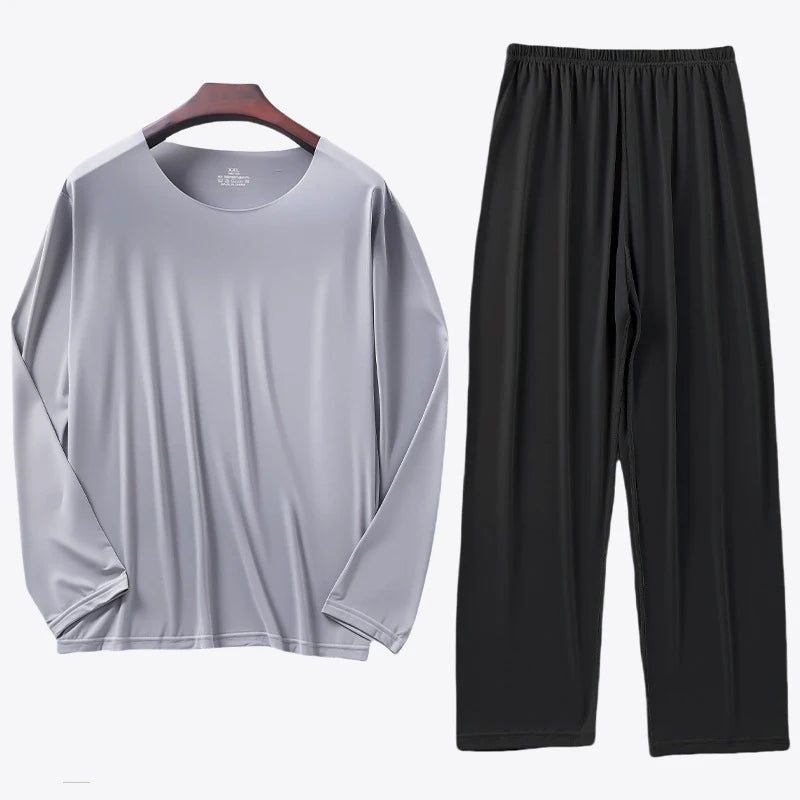 Men's Ice Silk Pyjama Set with Long Sleeve Top and Elastic Waist