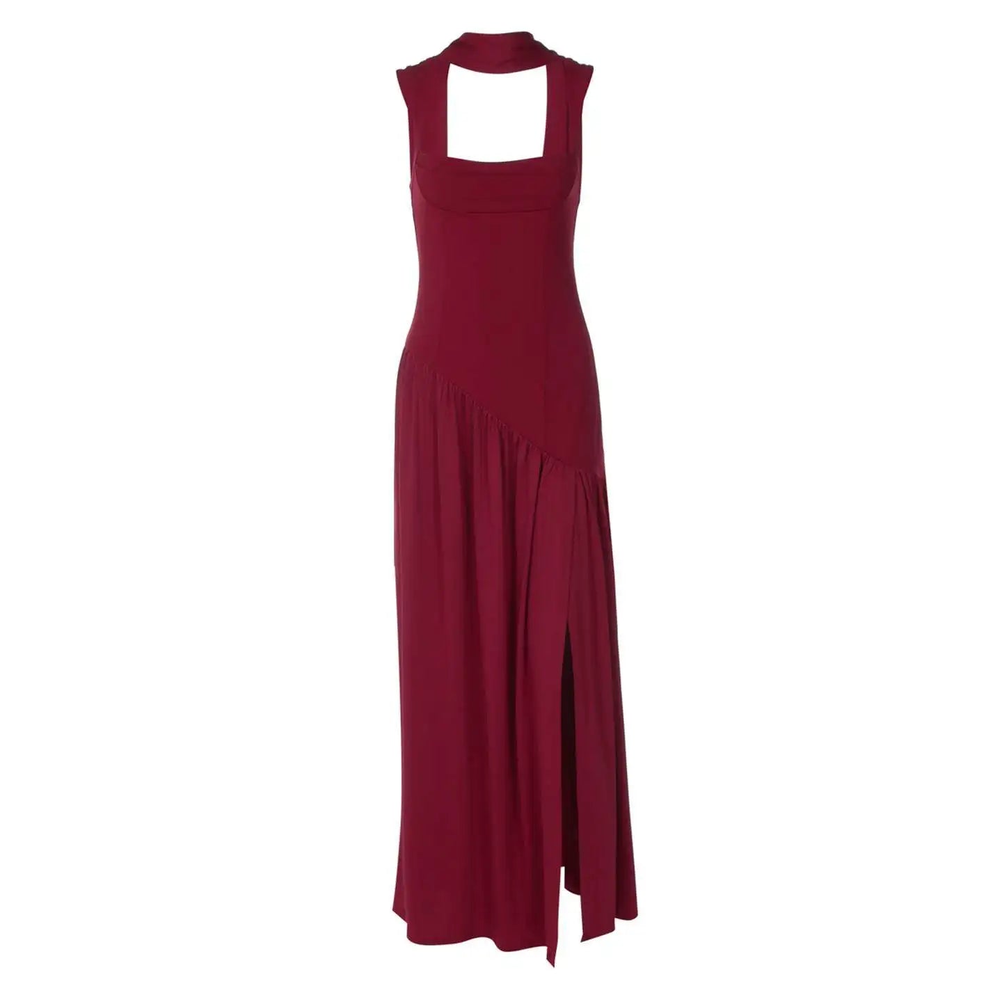 Elegant Sleeveless High Waist Slit Dress with Belted Sash