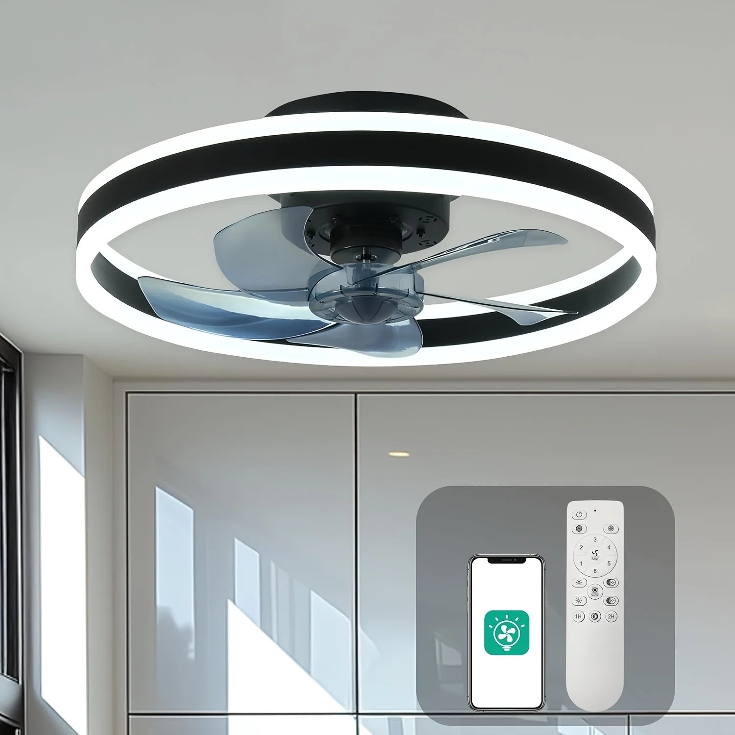 Flush Mount Ceiling Fan with Remote, 19.7" LED Dimmable Light