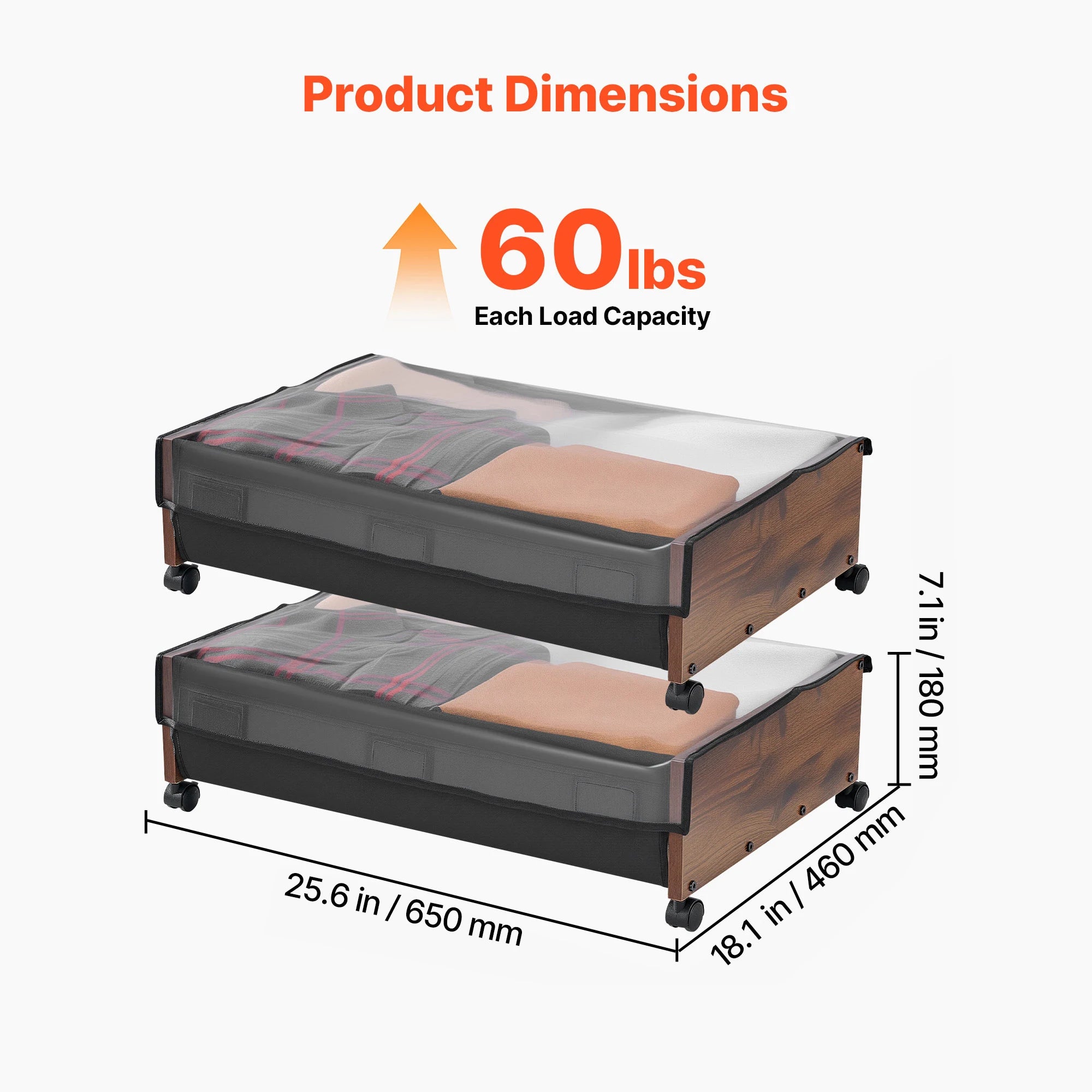 Under Bed Storage Organizer with Wheels and Clear Lid Bins
